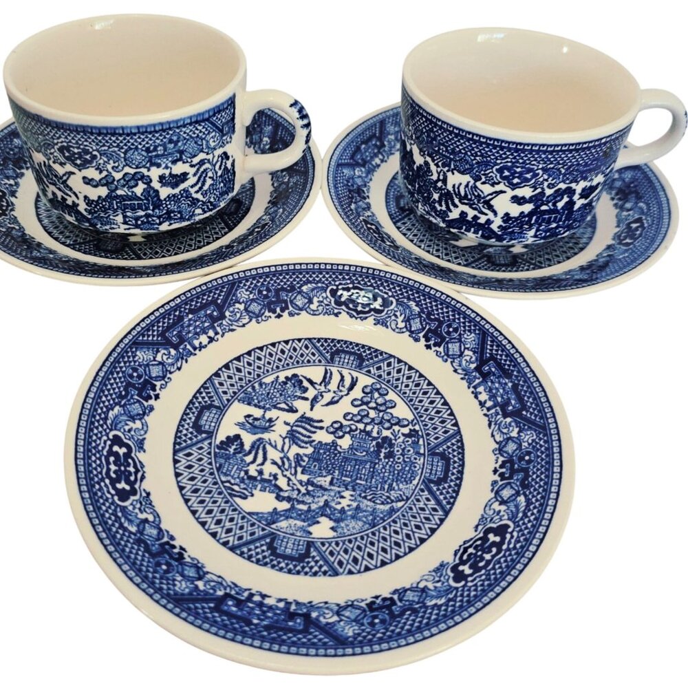 2 Royal USA Blue Willow Mugs Saucers 2.5" Ironstone transferware Chinoiserie